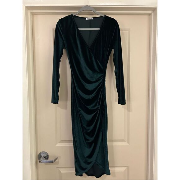 NEW Elegant Velvet Long Sleeve Wrap V Neck Ruched Bodycon Dress S - Picture 4 of 4
